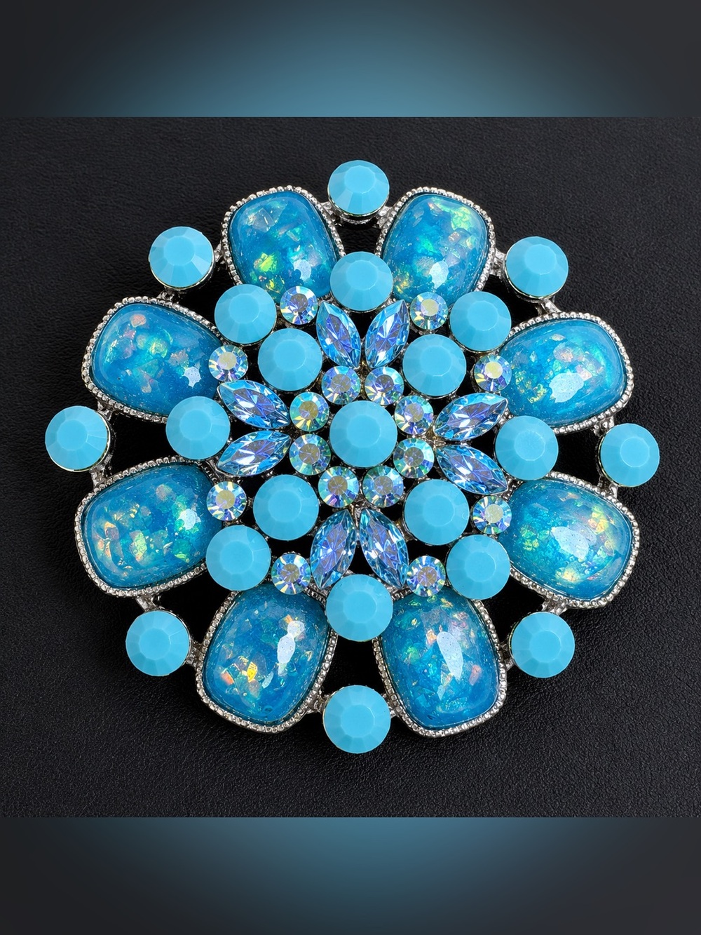 Cara Turquoise Blue AB Rhinestone Faux Opal Floral Statement Brooch Pin 2.5”